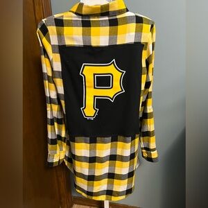Hand Crafted Yellow Black White Plaid Button-Down Shirt with 'P' Patch